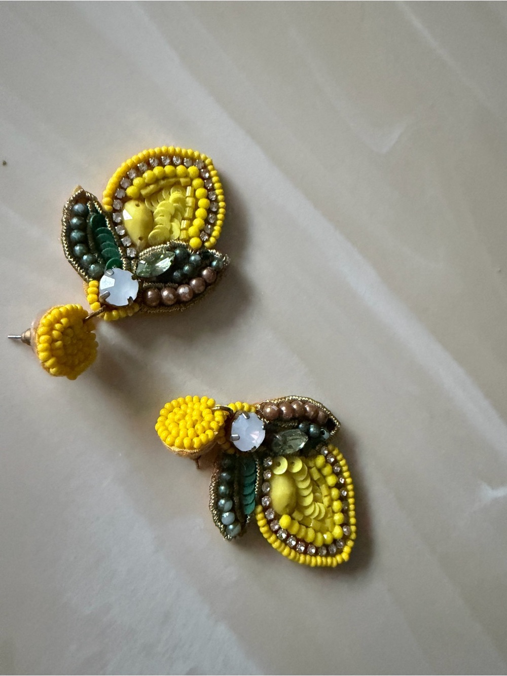 Anthropologie Yellow and Green Beaded Floral Drop Earrings